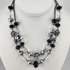 Gun Metal Double Strand Layered Silver And Black Bead‎ Necklace